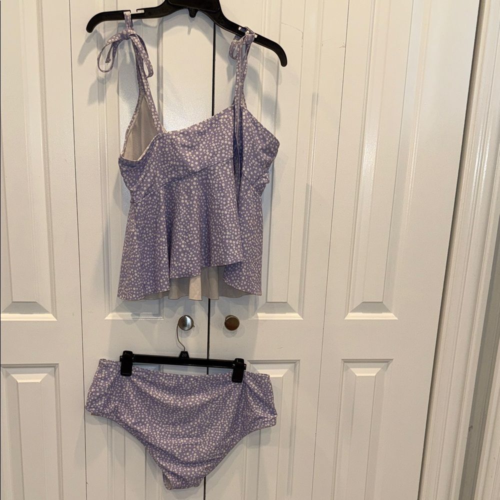 SHEIN Lilac Tie-Shoulder Tankini Set with White Dot Print - Picture 3 of 4